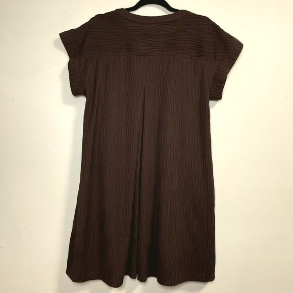 Crinkle Textured Brown Short Sleeve Dress Pockets Lined by Entro Size Women's M - Picture 2 of 8
